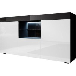 Buffet de salon bas 3 portes avec led bleue 135 x 72 x 34 cm Couleur Noir avec Blanc Finition