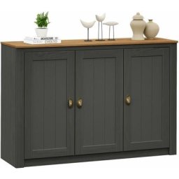 Buffet bolton 3 portes, bahut 5 étagères au style classique, vaisselier en pin massif anthracite et