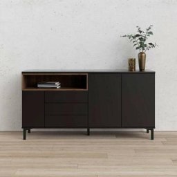 Buffet de salon 175x89 cm Noir mat et noyer avec trois portes et trois tiroirs Noir et Noyer