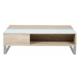Allan Table de salon avec espace de rangement, en, finition chêne avec plateau en verre blanc et
