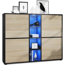 Buffet haut Armoire Cabinet Commode Cuba V3 Noir mat - haute brillance - Portes en Chêne brut avec