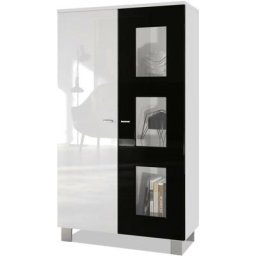 Vitrine Armoire haute Commode Denjo en Blanc mat - haute brillance - Porte en Noir haute brillance