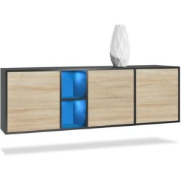 Buffet Commode Dressoir Crédence led Cuba Noir mat - Haute brillance - Portes en Chêne brut avec