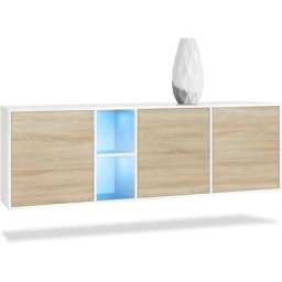 Buffet Commode Dressoir Crédence led Cuba Blanc mat - Haute brillance - Portes en Chêne brut avec