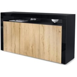 Vladon Buffet Commode Dressoir Crédence Valencia Noir, haute brillance & tons naturels - Chêne