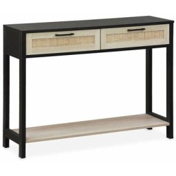 Console décor bois noir et cannage 100 x 30 x 75cm - Bianca - 2 tiroirs - 1 étagère - Noir