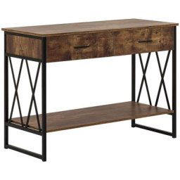 Table Console Effet Bois Foncé et Métal Noir avec 2 Tiroirs et une Etagère de Design Industriel