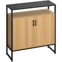 Buffet meuble de rangement 2 portes avec 2 étagères plateau verre trempé fumé châssis métal noir