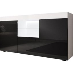 Buffet de salon bas 3 portes avec led bleue 135 x 72 x 34 cm Couleur Blanc avec Noir Finition