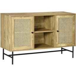 Buffet style bohème - 2 portes, 2 étagères, 2 niches - piètement acier noir panneaux aspect bois