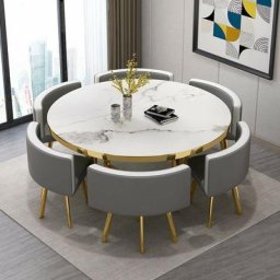 Table à Manger Ronde Et Chaises Encastrable Popup Xl - Marbre Blanc Chaises Gris, Bois mdf, Rond,