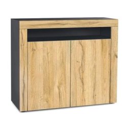 Vladon - Commode Armoire Dressoir Crédence Valencia Noir, haute brillance & tons naturels - Chêne