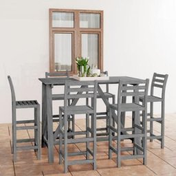 Ensemble Table de bar + 6 Chaises de bar de jardin - Table Haute avec 6 Tabourets Gris Bois
