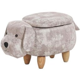 Pouf Tabouret pour Enfant en Forme de Chien en Velours Beige et Pieds Bois avec Coffre de Rangement