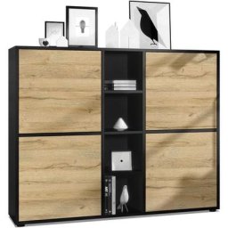 Buffet haut Armoire Cabinet Commode Cuba V3 Noir mat - haute brillance - Portes en Chêne Nature
