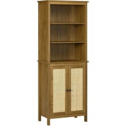 Bibliothèque 2 portes 3 étagères réglables style bohème chic cannage en rotin panneaux aspect bois