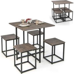 Table Haute Cuisine 4 Tabourets Cadre en Métal, Table Industrielle avec Chaise Encastrable, Pieds