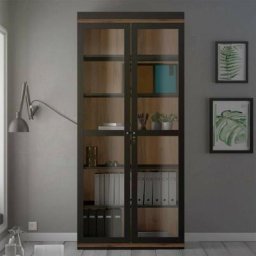 Vitrine salon 200 cm Noir mat et Noyer avec deux portes et cinq étagères Noir et Noyer