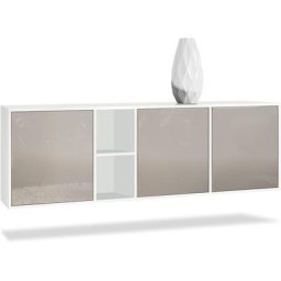 Buffet Commode Dressoir Crédence led Cuba Blanc mat - Haute brillance - Portes en Gris sable laqué