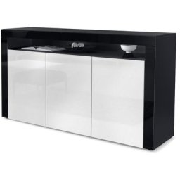 Buffet Commode Dressoir Crédence Valencia Noir, haute brillance & tons naturels - Blanc haute