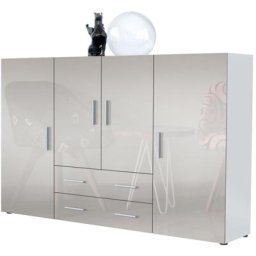 Vladon Buffet haut Commode Nora blanc mat en Décor Naturel - Haute brillance - Façades en Gris