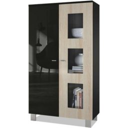 Vladon - Vitrine Armoire haute Commode Denjo en Noir mat - haute brillance - Porte en Chêne brut