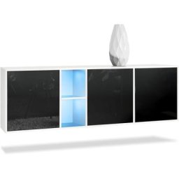 Buffet Commode Dressoir Crédence led Cuba Blanc mat - Haute brillance - Portes en Noir laqué haute