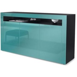 Buffet Commode Dressoir Crédence Valencia Noir, haute brillance & tons naturels - Turquoise /