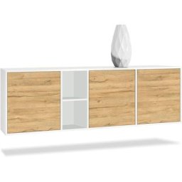 Buffet Commode Dressoir Crédence led Cuba Blanc mat - Haute brillance - Portes en Chêne Nature sans