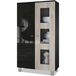 Vladon - Vitrine Armoire haute Commode Denjo en Noir mat - haute brillance - Porte en Chêne