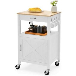 Desserte de Cuisine à roulettes, Chariot de Cuisine en Bois avec 3 Crochets, Tiroir et Placard, 56