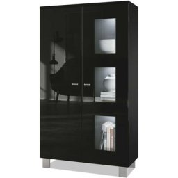 Vladon - Vitrine Armoire haute Commode Denjo en Noir mat - haute brillance - Porte en Noir haute
