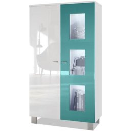 Vitrine Armoire haute Commode Denjo en Blanc mat - haute brillance - Porte en Turquoise haute