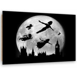 Tableau bois Peter Pan silhouettes sur fond de Lune - 60 x 40 cm - Noir, blanc