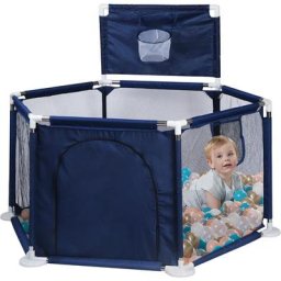 Parc Bébé à 6 Côtés avec Panier de Basket Bleu