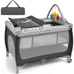 Lit Parapluie Bébé Portable 3 en 1 avec Matelas Berceau/Table à Langer avec 3 Jouets Suspendus/Sac