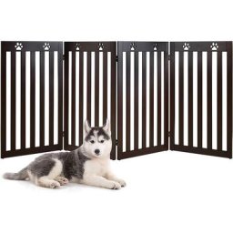 Barrière Autoportante pour Chien 4 Panneaux en Bois Charnières Métalliques à 360° sans Perçage pour