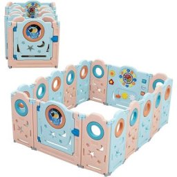 Parc Bébé 16 Panneaux Pliables avec 2 Portes Jouets Educatifs Verrou Boutons Sonores en Plastique