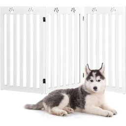 Barrière Autoportante pour Chien 3 Panneaux en Bois Charnières Métalliques à 360° sans Perçage pour