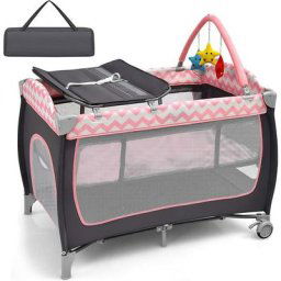 Lit Parapluie Bébé Portable 3 en 1 avec Matelas Berceau/Table à Langer avec 3 Jouets Suspendus/Sac
