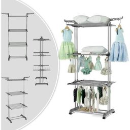 Sèche-linge étendoir à linge pliable intérieur et extérieur 3 étagères séchoir acier argent gris