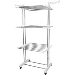 Sèche-linge étendoir à linge pliable intérieur et extérieur 3 étagères séchoir acier blanc - Skecten