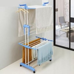 Sèche-linge étendoir à linge pliable intérieur et extérieur 3 étagères séchoir acier bleu blanc