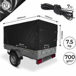 Bâche pour remorque 210 x 114 x 110 cm pvc 700 g/m² avec œillets 4 sangles et corde élastique 7 m