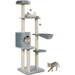 Arbre à Chat 144CM avec 4 Plateformes et Corbeille, Appartement Confortables, Poteaux Sisals pour