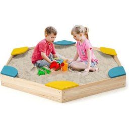 2 en 1 Bac à Sable Extérieur pour Enfants 140 x 122 x 14 cm avec 6 Sièges, Bac à Sable en Bois