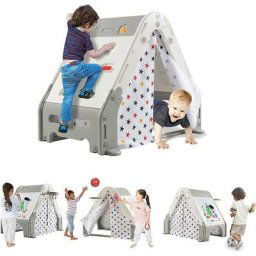 Costway - Maison de Jeu pour Enfants 6 en 1 avec Mur d'Escalade Tableau Dessin Basket-Ball Football