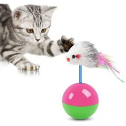 Jouet pour chat souris debout, boule de souris interactive avec plumes colorées, jouet pour chat
