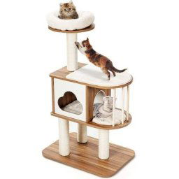 Arbre à Chat 117 cm en Bois à 3 Niveaux avec Plateformes et Niche-Coussins Confortables-Poteaux en