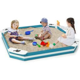 2 en 1 Bac à Sable pour Enfants 126 x 126 x 14 cm avec 4 Sièges Intégrés, Bac à Sable en Bois